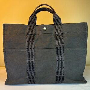 Hermes Heavy Canvas Vintage Zip Tote Gray w/H Design on Web straps Holds Laptop
